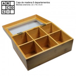 Caja de madera con 6 departamentos con tapa.